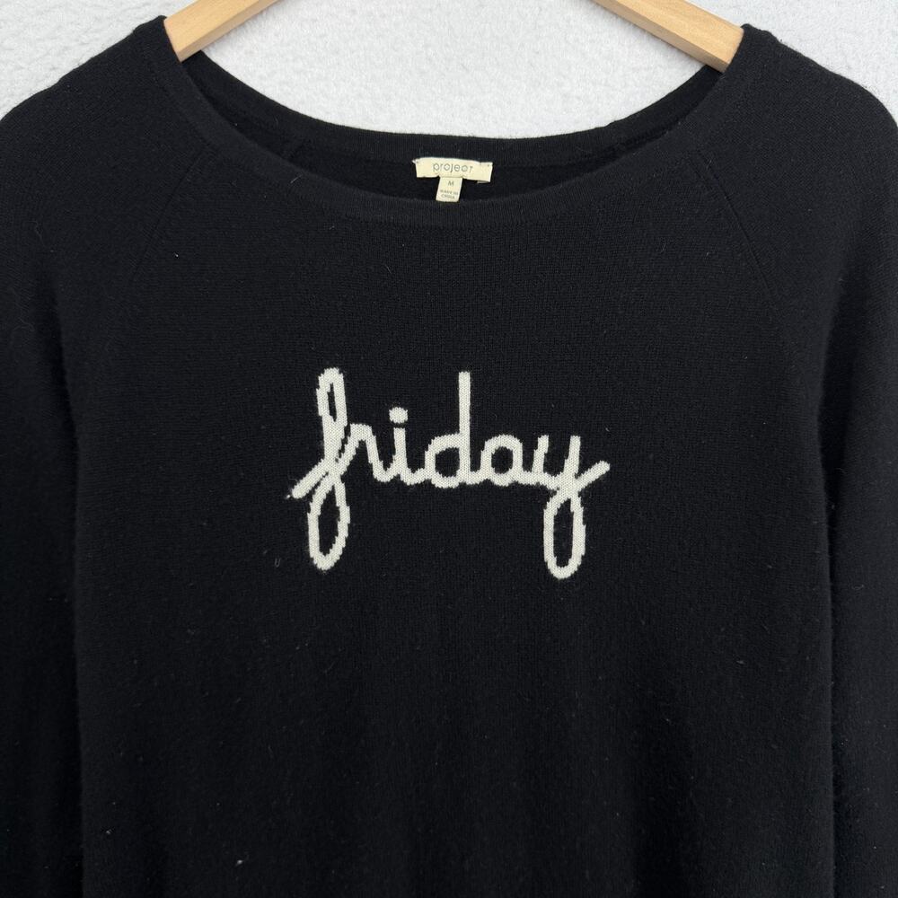 PROJECT Sweater M 100% Cashmere Friday Cursive Intarsia Pullover Jumper Black